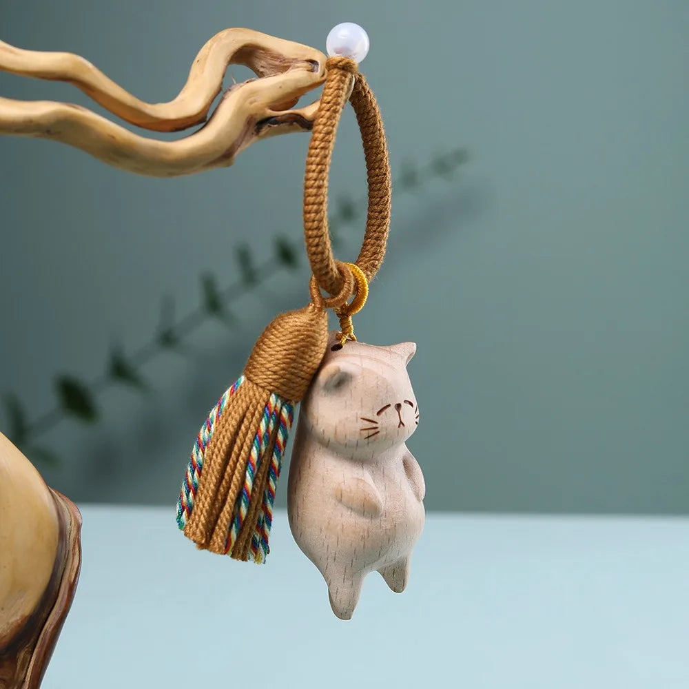 Hand Carved Natural Wood Cat Keychain with Colorful Tassel Cute Sleeping Kitten Braided Rope Charm Car Hanging Pendant Ornament