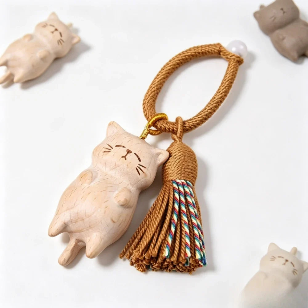Hand Carved Natural Wood Cat Keychain with Colorful Tassel Cute Sleeping Kitten Braided Rope Charm Car Hanging Pendant Ornament