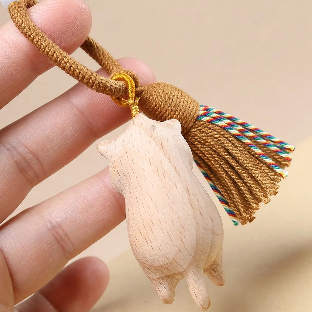 Hand Carved Natural Wood Cat Keychain with Colorful Tassel Cute Sleeping Kitten Braided Rope Charm Car Hanging Pendant Ornament