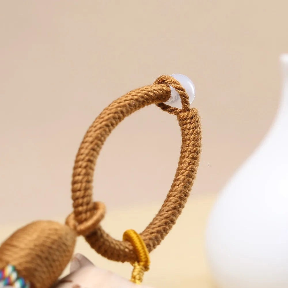 Hand Carved Natural Wood Cat Keychain with Colorful Tassel Cute Sleeping Kitten Braided Rope Charm Car Hanging Pendant Ornament
