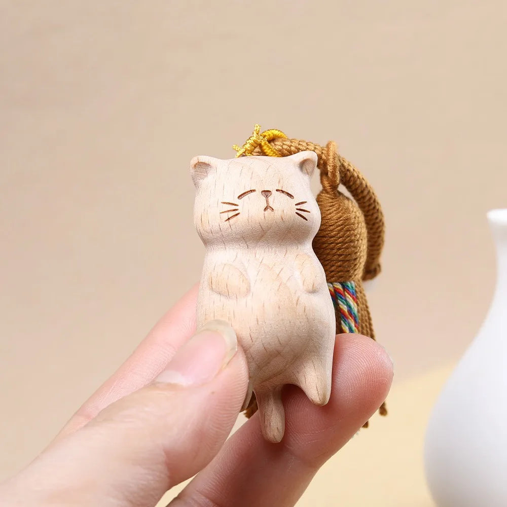 Hand Carved Natural Wood Cat Keychain with Colorful Tassel Cute Sleeping Kitten Braided Rope Charm Car Hanging Pendant Ornament