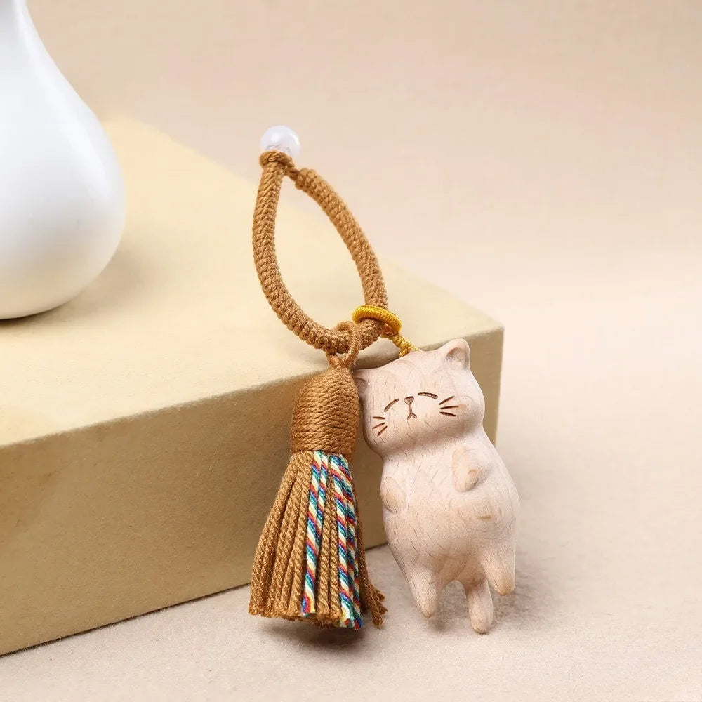 Hand Carved Natural Wood Cat Keychain with Colorful Tassel Cute Sleeping Kitten Braided Rope Charm Car Hanging Pendant Ornament