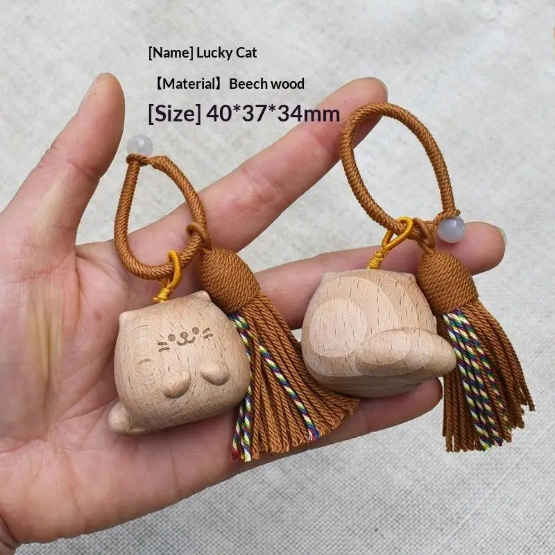 Cute Hand Carved Retro Wooden Cat Keychain Tassel Kitty Charm Bag Pendant Portable Creative Gift for Cat Owners