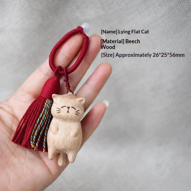 Cute Hand Carved Retro Wooden Cat Keychain Tassel Kitty Charm Bag Pendant Portable Creative Gift for Cat Owners