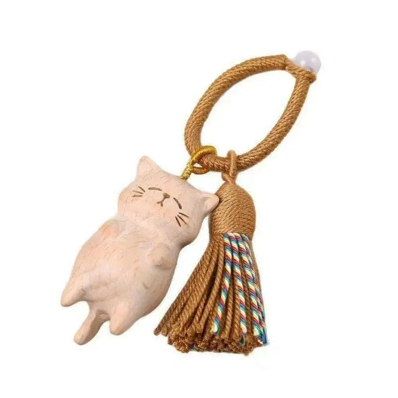 Cute Hand Carved Retro Wooden Cat Keychain Tassel Kitty Charm Bag Pendant Portable Creative Gift for Cat Owners
