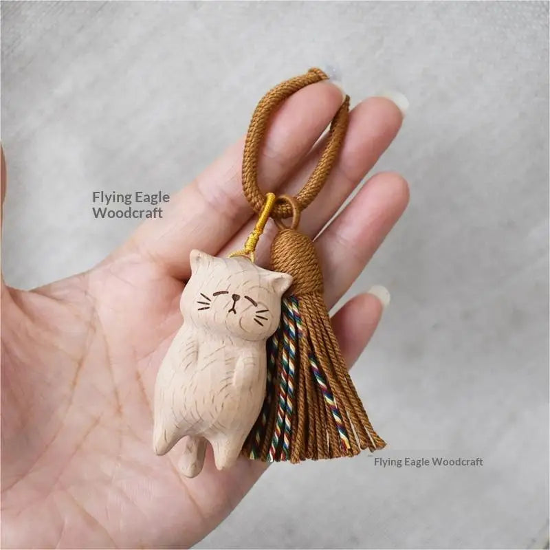 Cute Hand Carved Retro Wooden Cat Keychain Tassel Kitty Charm Bag Pendant Portable Creative Gift for Cat Owners