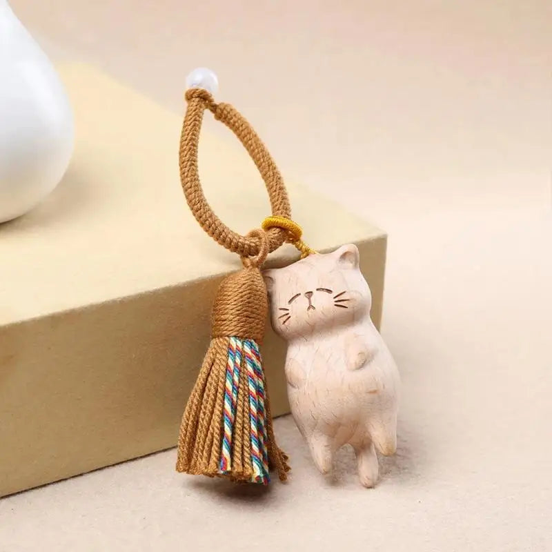 Cute Hand Carved Retro Wooden Cat Keychain Tassel Kitty Charm Bag Pendant Portable Creative Gift for Cat Owners
