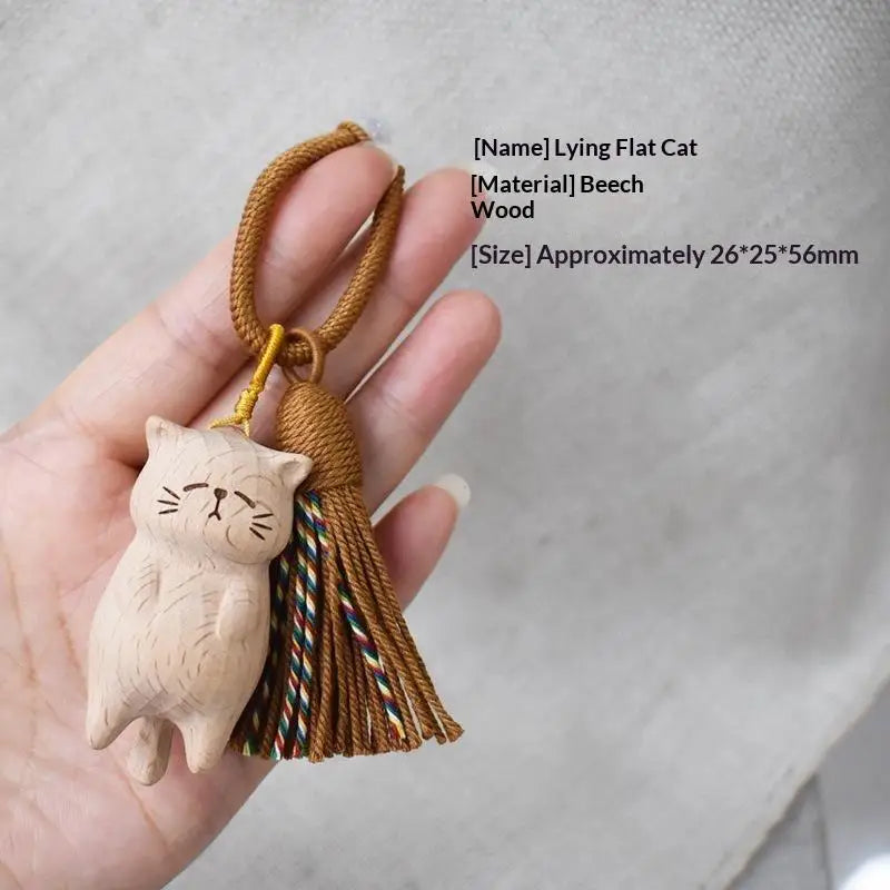 Cute Hand Carved Retro Wooden Cat Keychain Tassel Kitty Charm Bag Pendant Portable Creative Gift for Cat Owners
