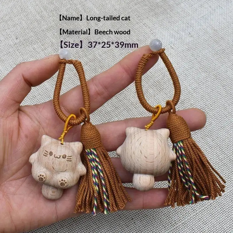Cute Hand Carved Retro Wooden Cat Keychain Tassel Kitty Charm Bag Pendant Portable Creative Gift for Cat Owners