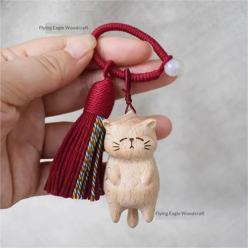 Cute Hand Carved Retro Wooden Cat Keychain Tassel Kitty Charm Bag Pendant Portable Creative Gift for Cat Owners