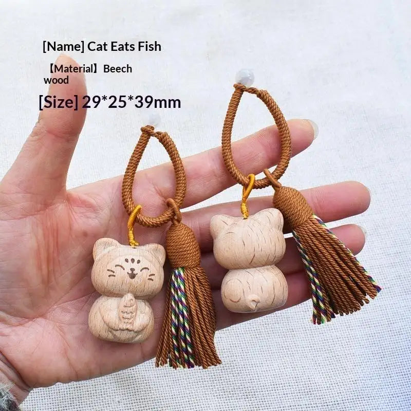 Cute Hand Carved Retro Wooden Cat Keychain Tassel Kitty Charm Bag Pendant Portable Creative Gift for Cat Owners