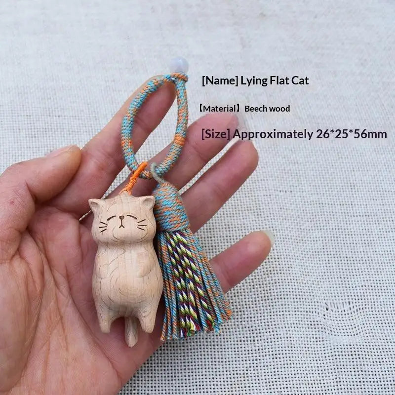 Cute Hand Carved Retro Wooden Cat Keychain Tassel Kitty Charm Bag Pendant Portable Creative Gift for Cat Owners